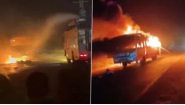 Private bus catches fire after tyre burst on Hansi-Bhiwani road, no injuries reported yet